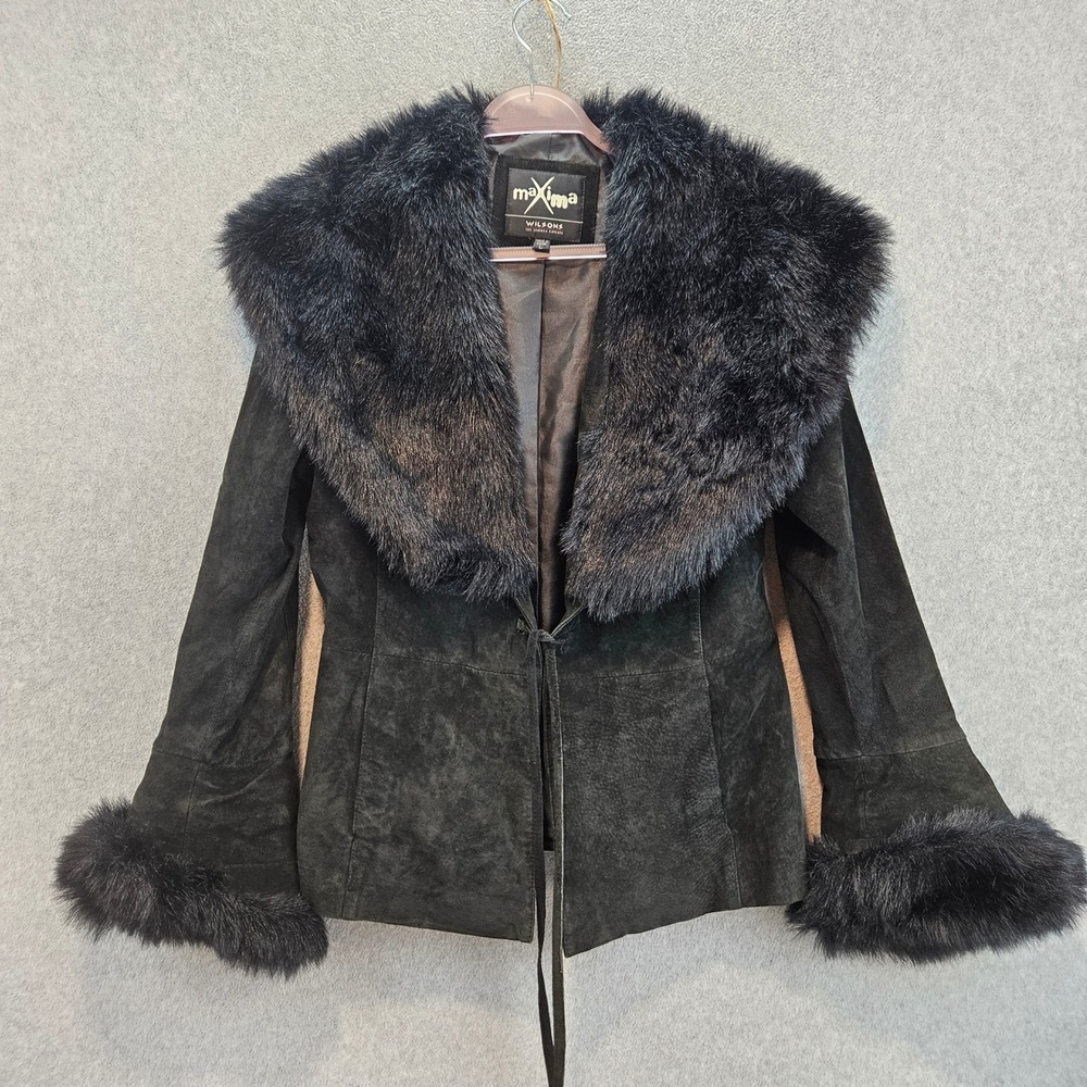 WILSONS LEATHER MAXIMA Jacket Women L Black Suede Faux Fur Trim Y2K Glam